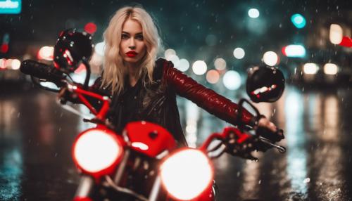 full bodied very long bleach blonde wearing red lipstick on a red motorcycle raining at night facing me