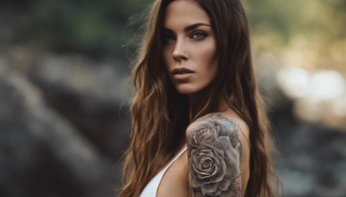 Complete full bodied woman with very long brown hair and tattoos and a white bikini