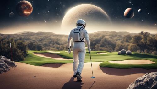 golf course in outer space with astronaut golfer and planets in the background