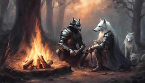 Knight Artorias, Kobold, Black Dragon, and white wolf around a camp fire staring at the fire. 