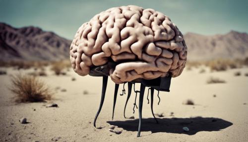 A human brain with legs roasting marshmallows  in the desert