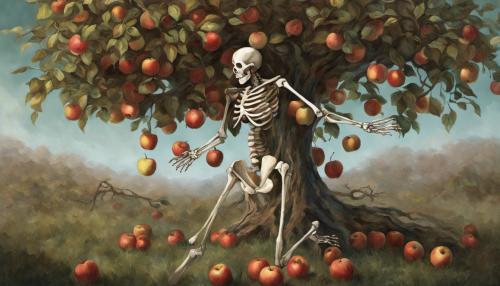 Skeleton picking a apple from the tree that contains 48 apples