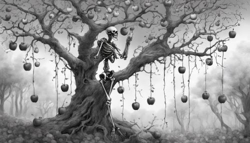 skeleton picking a apple from a tree that has 48 apples. outline in black and white