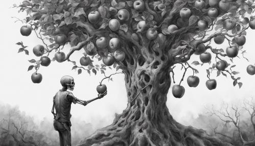 skeleton picking a apple from a tree that has 48 apples. Outline black and white in a small circle portrait 