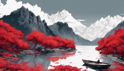 white background with moutains and red trees with boat in water anime