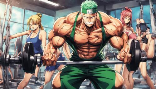 Zoro from one piece lifting weights with girls