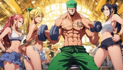 Zoro from one piece lifting weights with girls