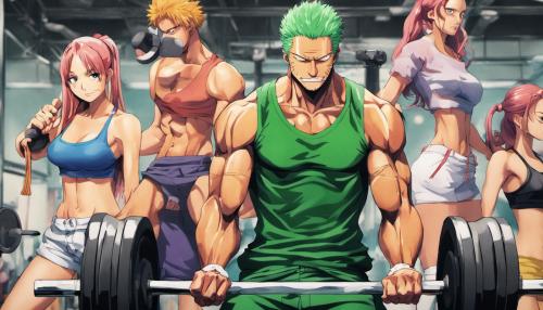 Zoro from one piece lifting weights with girls