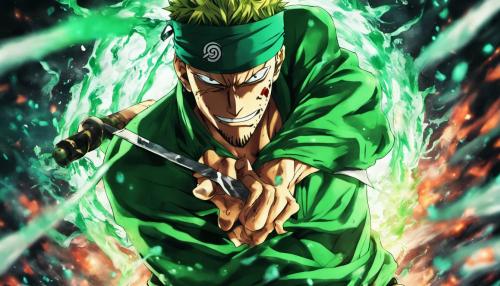 Zoro ripped with green aura surrounding him