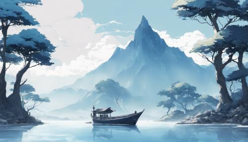 white background with blue trees and white moutains boat in water anime