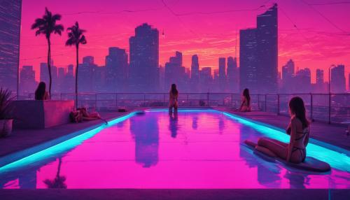 neon sunset over a city in pool wiht girls in bikinis not blurry