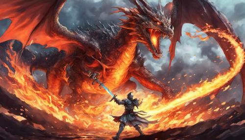 A knight fighting a huge fire breathing Dragon