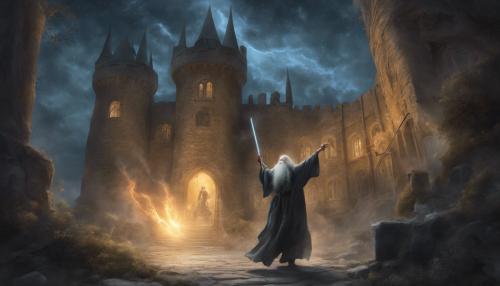 Gandolf fighting Dumbledore outside a castle at night