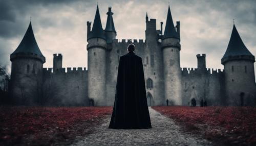 Dracula in front of a Gothic castle