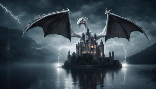 A White Dragon flying over a gothic castle beside a lake at night with lightning in the background, ultra detail