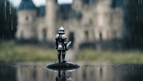 A Knight standing outside a castle seen through a raindrop