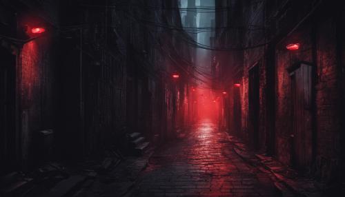 A dark alley at night with red eyes at the end looking out