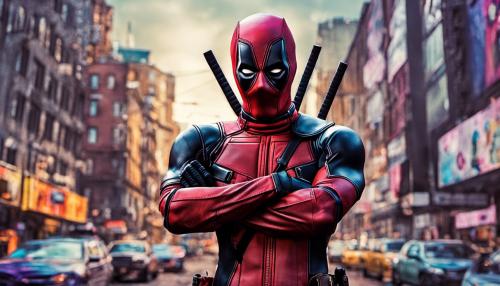 Deadpool in a city with a trippy vibe in 4K with vivid colors