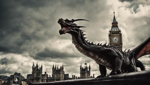 Dragons fighting in the sky over London Bridge daylight bleeding Victorian era dark