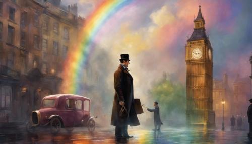 Sherlock Holmes, Dr. Watson solving a case under a rainbow in Victorian London 