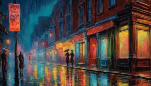 Neon rain on wet street at night in Victorian era