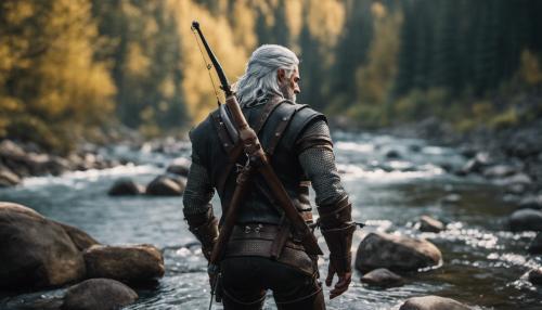 Geralt from the witcher fishing for trout in a stream in the mountains