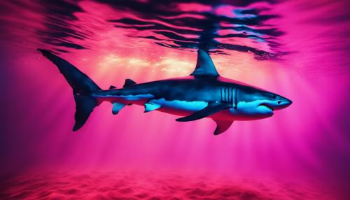 A Great White Shark swimming through neon water ultr