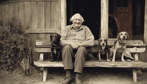 Grinning old toothless person sitting on a wooden bench by an old house with an old hound dog