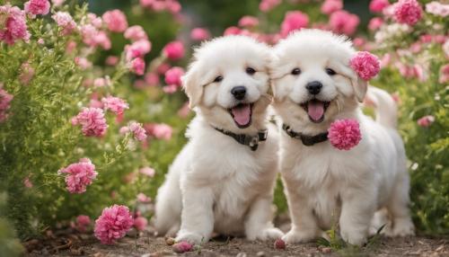 adorable puppies playing in flowers