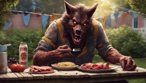 A werewolf eating bologna in the backyard