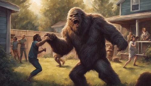 Bigfoot fighting a werewolf in the backyard with people watching and pointing and laughing