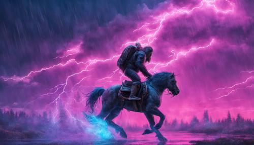 Bigfoot riding on Pegasus through the sky with lightening and rain ultra detailed