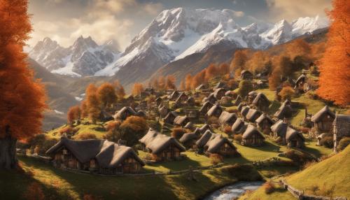 A beautiful Hobbit village in the fall with snow capped mountains in the distance