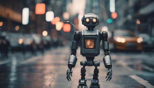 A homeless robot walking down the street of a futuristic dystopian city ultra detailed