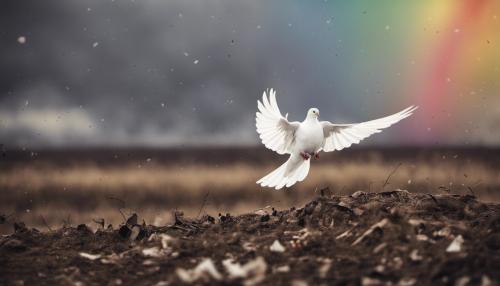 A white Dove flying over a war torn battlefield in the winter, with a rainbow in the distance