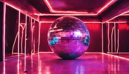 A disco ball over a neon floor with mirrors on the wall. 