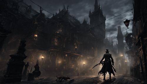 A city in Bloodborne with Hunter attacking Beast of Yharnam at night high detail