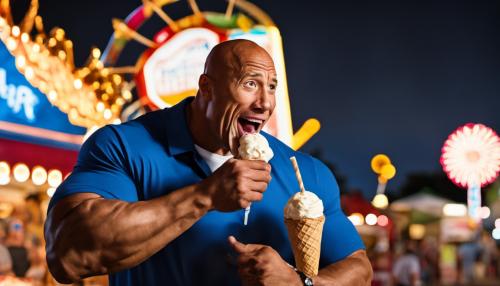 A fat Dwayne The Rock Johnson eating an ice cream cone at the fair at night