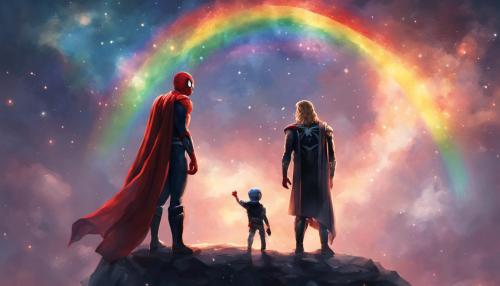 Spiderman and Thor gazing at the stars under a rainbow at night