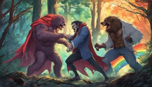 Dracula fighting a werewolf fighting bigfoot in the woods with long arms  with a rainbow