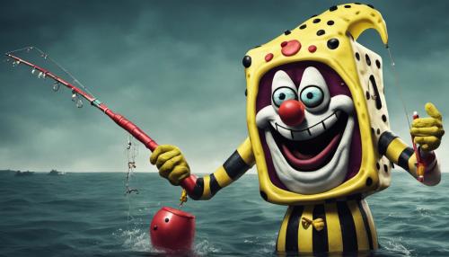 A creepy clown dressed like spongebob SquarePants smiling fishing