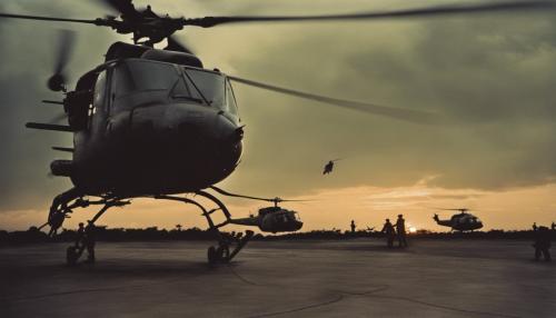 Helicopter Squadron. In flight. Vietnam War. Sunset.