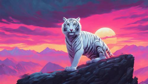 A white tiger on top of a mountain with a neon sky