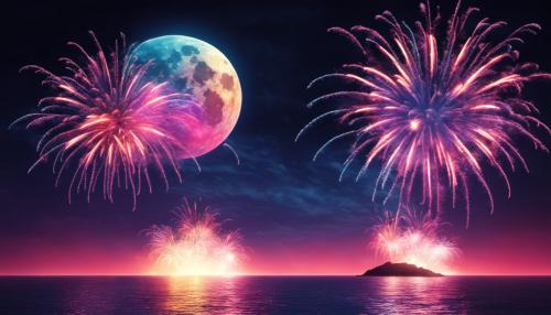 Ultra neon fireworks above the ocean with full moon in the background high detailed particle effects