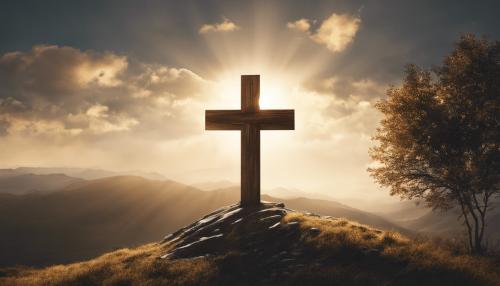 A wooden cross on a hill with a bright light shining down on it from heaven 