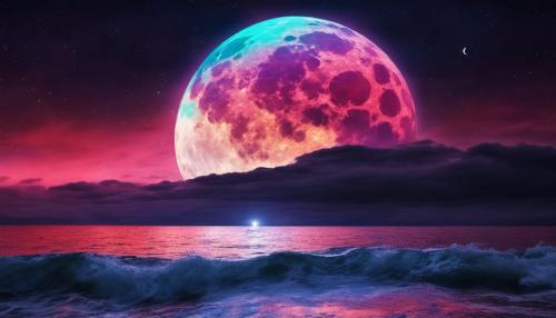 A moon made of plasma over the ocean at night with vibrant colors 