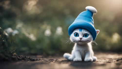 Small blue smurf cat with a white mushroom hat