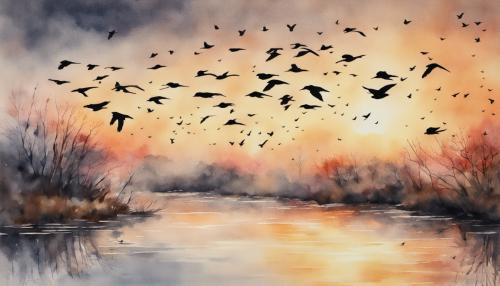 A watercolor painting of a flock of birds flying over a river at sunset with realistic textures