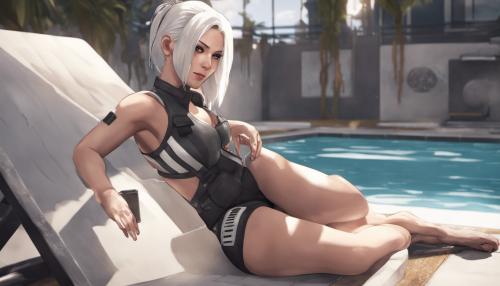 Iana from rainbow six siege, white hair, bikini , pool, young