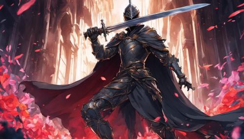 Black knight wearing a cape and using a one handed sword